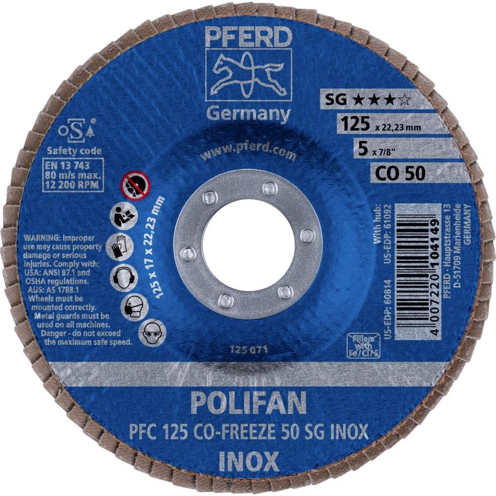 Disque Polifan de Pferd, modèle PFC 125 CO-Freeze 50 SG Inox, 125x22,23 mm, max. 12200 tr/min, pour l'usinage de l'acier.