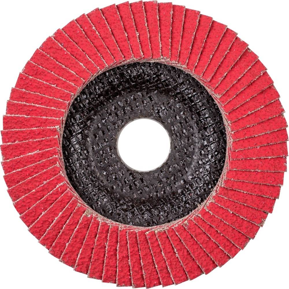 Un disque abrasif rouge avec des lamelles circulaires, un trou central et un centre noir. Utilisé pour le meulage ou le polissage de surfaces.