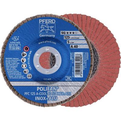 'PFERD POLIFAN Disque à lamelles, diamètre 125 mm, grain A 40, adapté pour l'inox et l'aluminium, technologie SG, vitesse max. 12 200 tr/min.'