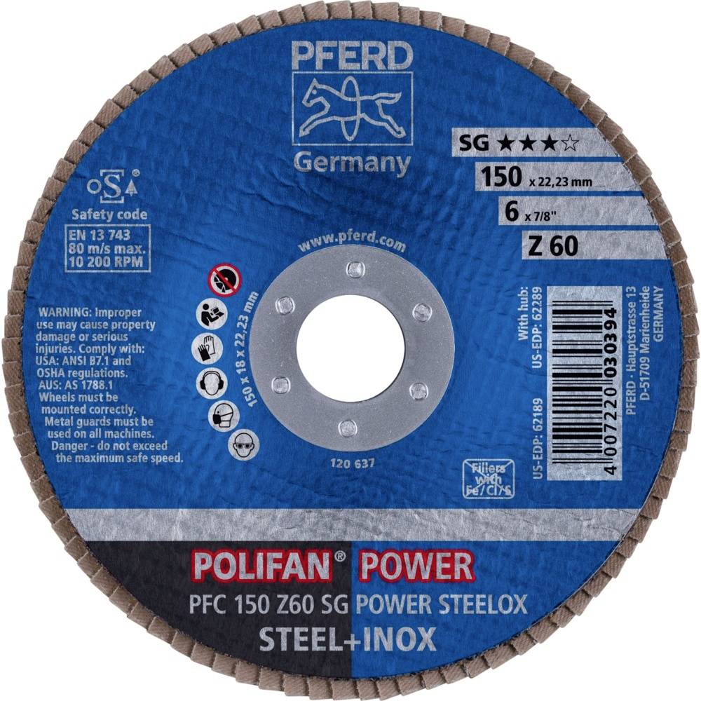 Disque abrasif 'PFERD POLIFAN Power', adapté pour l'acier et l'acier inoxydable. Diamètre : 150 mm, vitesse maximale : 80 m/s.