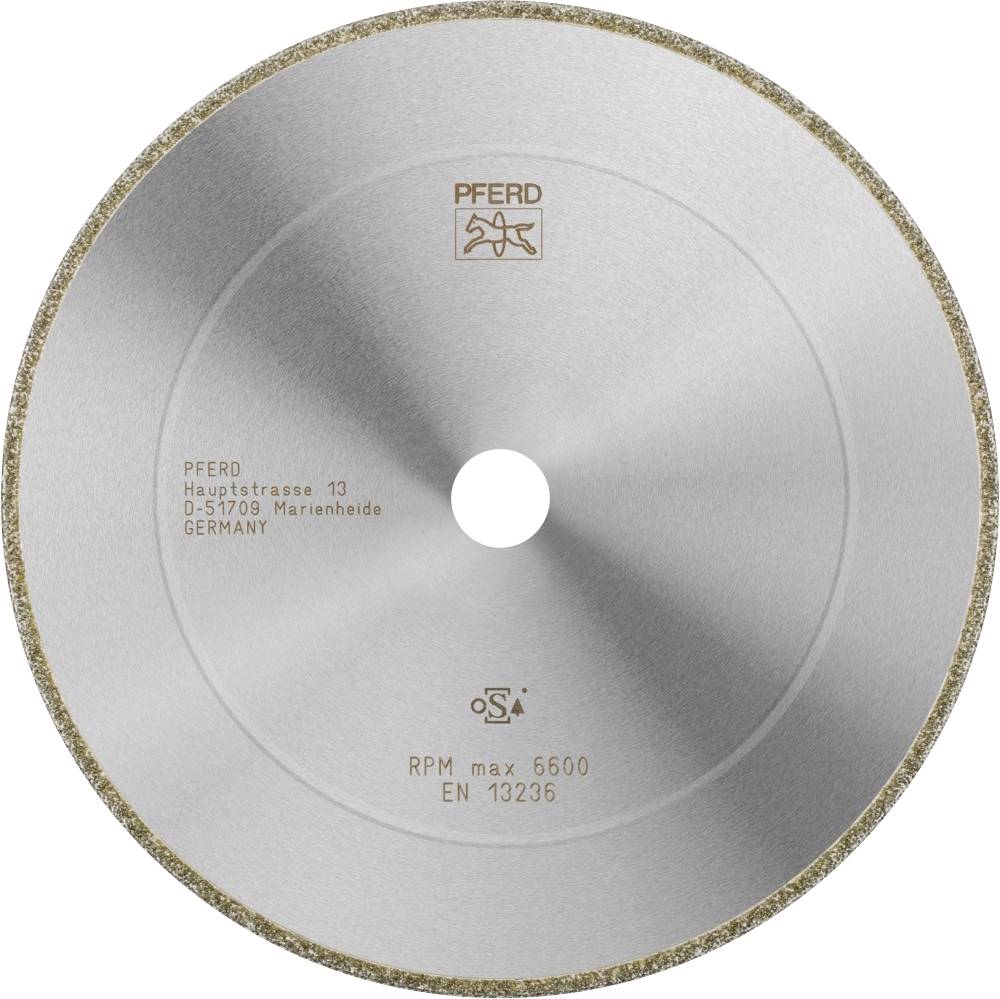 Disque diamanté portant l'inscription 'PFERD' et les coordonnées de l'entreprise. Vitesse de rotation maximale : 6600 tr/min, Norme EN 13236.