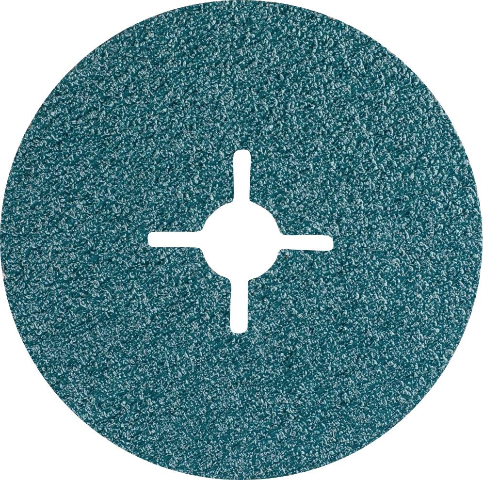 Disque abrasif à surface vert-bleu, rond avec une ouverture cruciforme au centre, destiné aux travaux de meulage industriels.