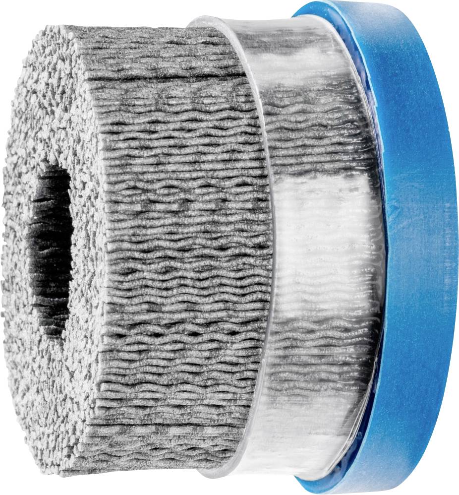 Rouleau de meulage gris avec bordure bleue et emballage en plastique transparent ; utilisé pour le ponçage et le polissage.