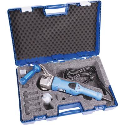Une boîte à outils bleue ouverte contenant un couteau électrique, une poignée de rechange, un capuchon de protection et un câble d'alimentation.