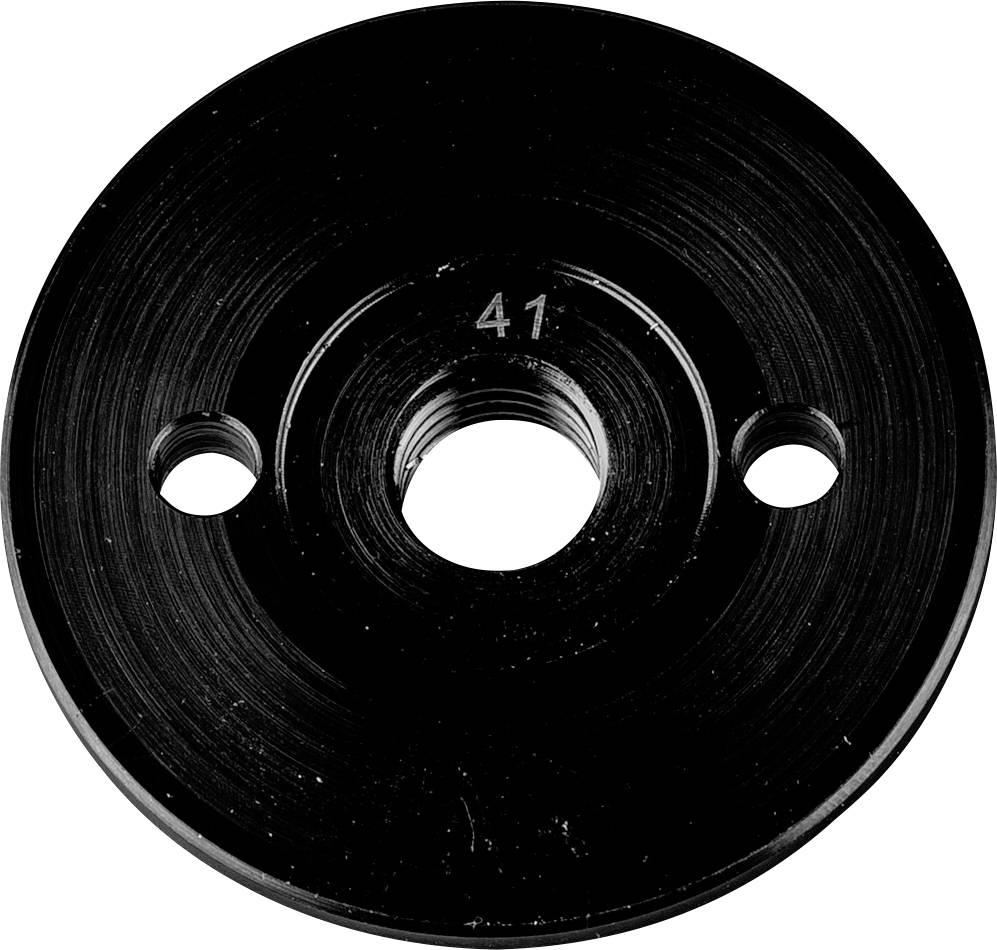 Pièce métallique ronde noire avec un grand trou central et deux petits trous latéraux. Marquée du chiffre '41'.