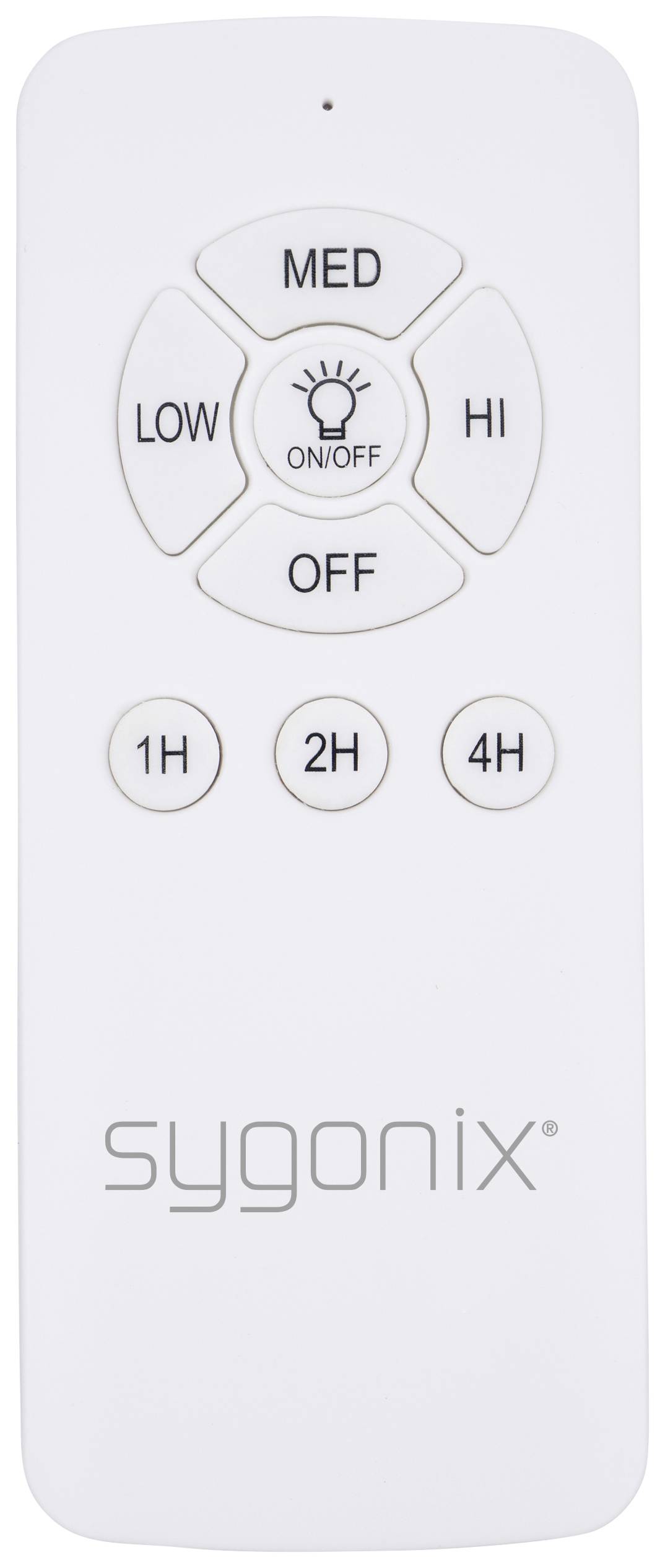 Télécommande blanche avec touches pour 'MED', 'LOW', 'HI', 'OFF', '1H', '2H', '4H' et 'ON/OFF'. Logo 'sygonix' en bas.