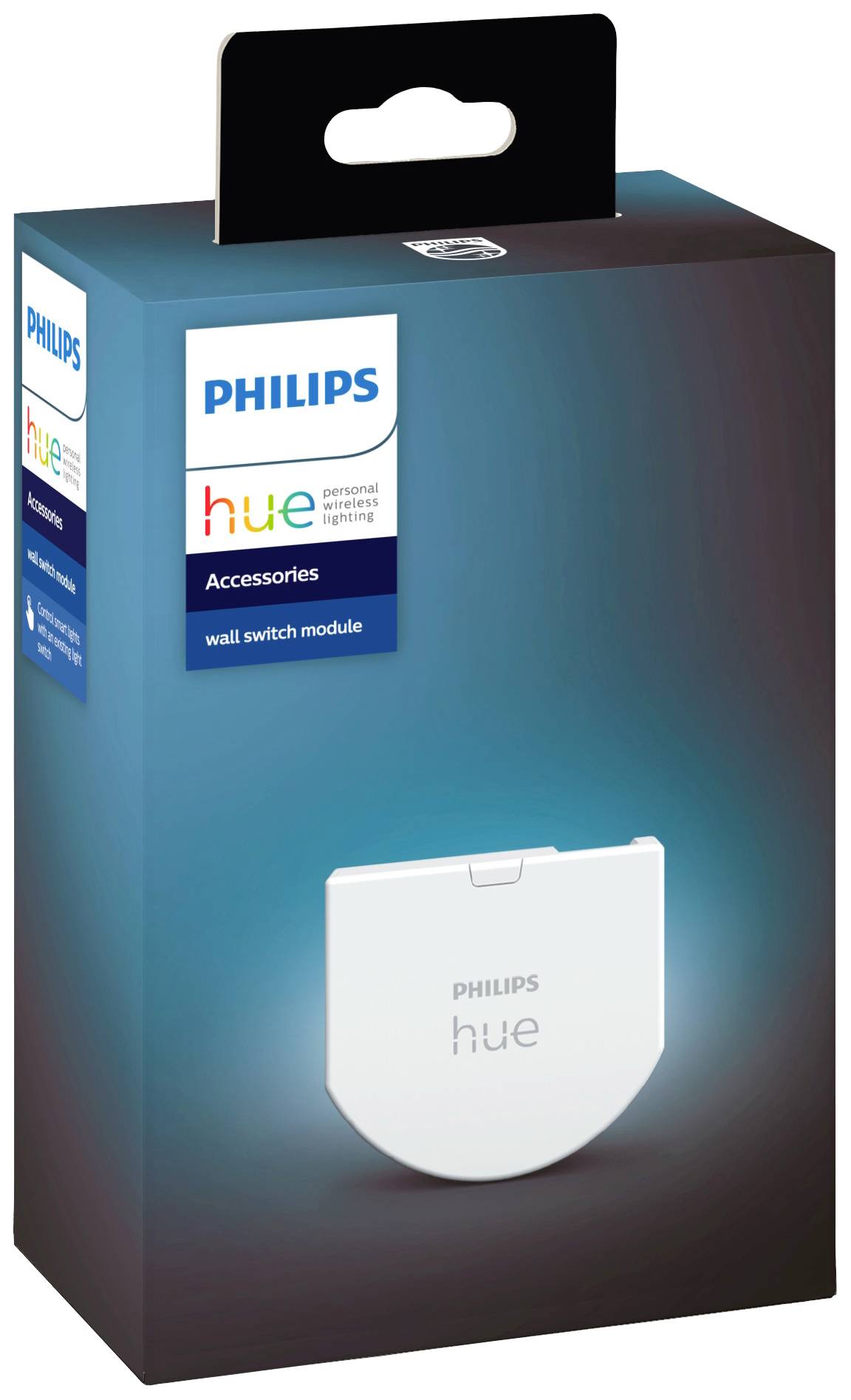 Emballage du module d'interrupteur mural Philips Hue. Présente l'image du produit d'un module blanc sous le logo sur un fond bleu.
