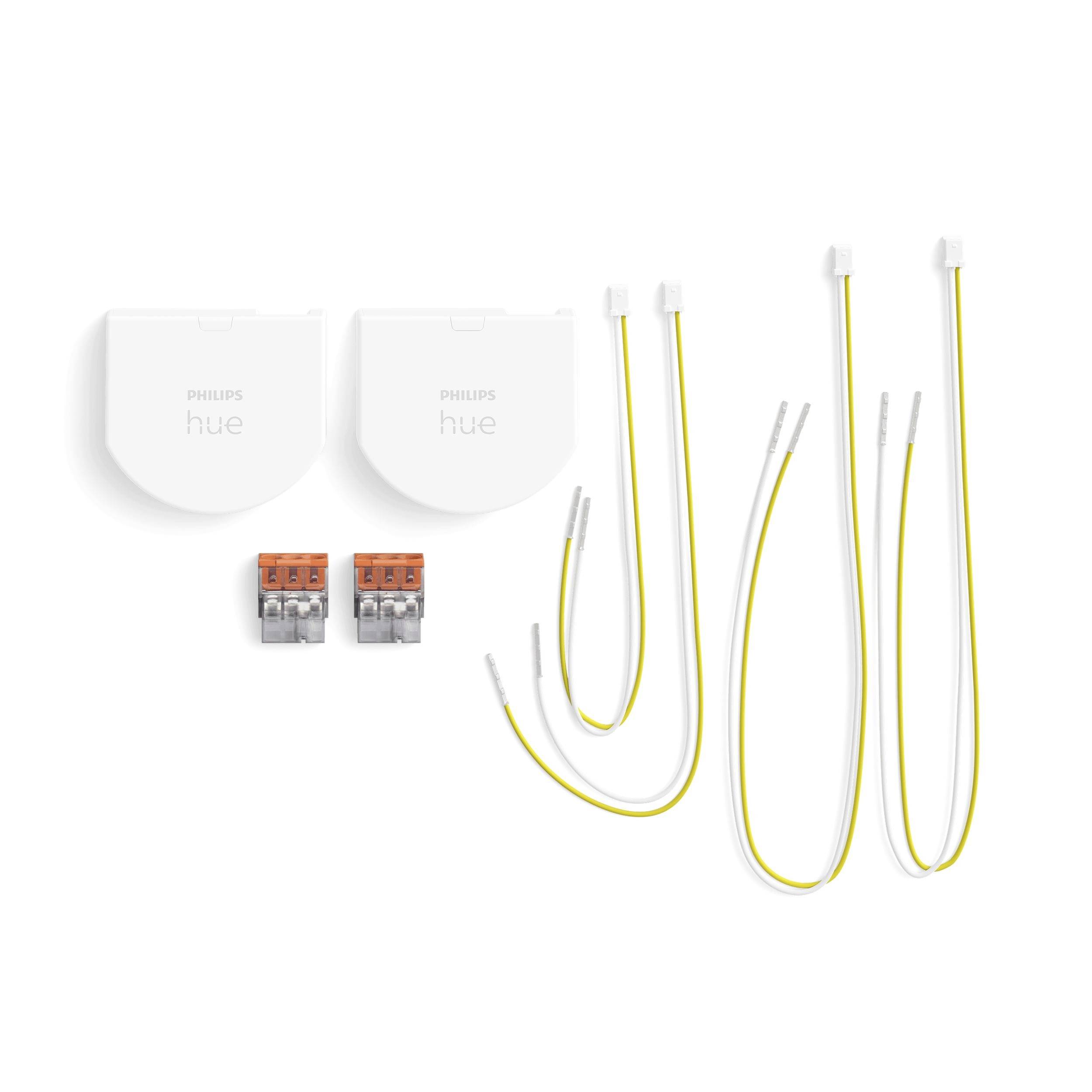 Deux modules Philips Hue, deux bornes oranges et quatre câbles jaunes sur fond blanc, présentés comme un ensemble pour l'installation.