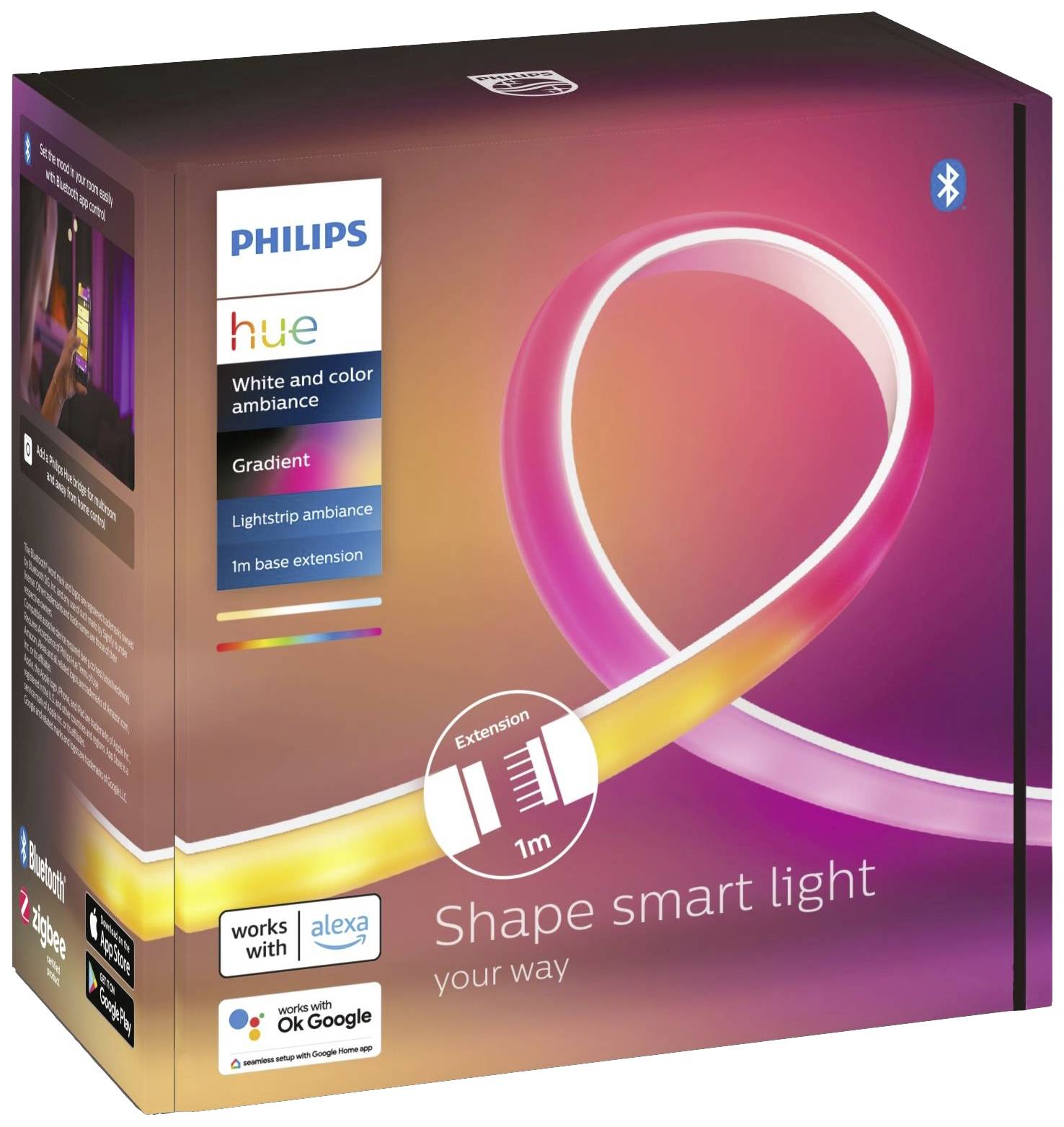 Ruban lumineux Philips Hue White and Color Ambiance, extension de 1 m, lumière Gradient, compatible avec Alexa et Google.