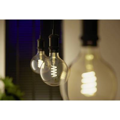 Trois ampoules allumées pendent du plafond, avec les structures des filaments bien visibles. Des stores sont en arrière-plan.
