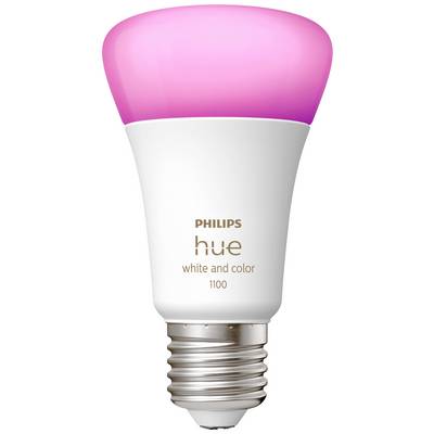 Une lampe LED intelligente Philips Hue, modèle 'white and color 1100', avec une couleur rose à son extrémité et une douille à vis standard.