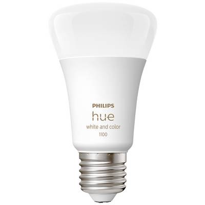 Ampoule LED Philips avec l'inscription 'hue white and color 1100'.