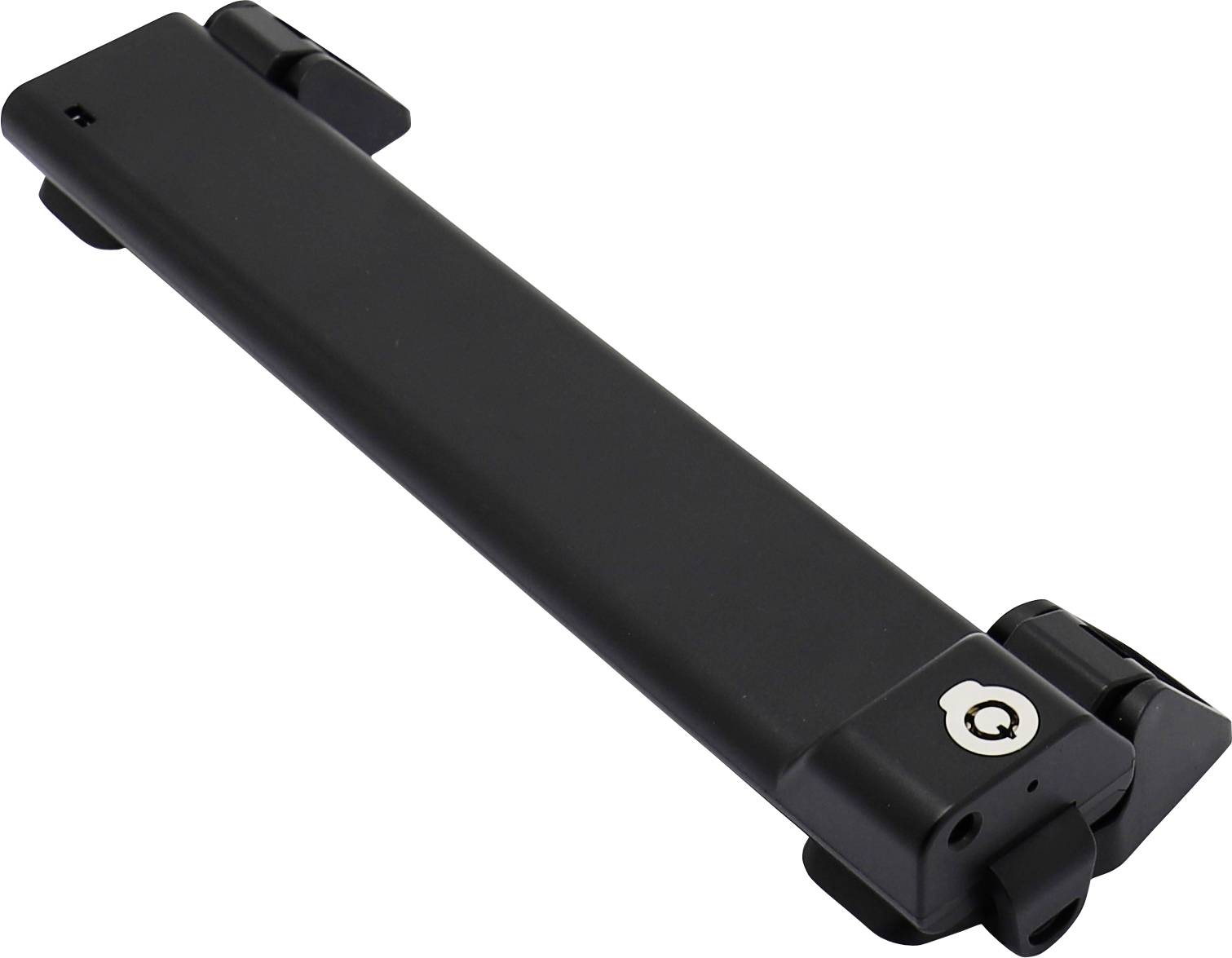 Boîtier de batterie noir pour vélo électrique avec serrure à une extrémité, orienté horizontalement.