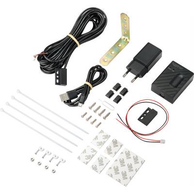 Ensemble d'accessoires électroniques comprenant des câbles, des fiches, du matériel de fixation et un manuel de montage.