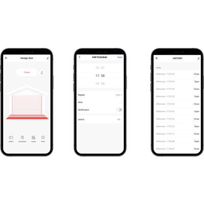 Trois écrans de smartphone : 1. Indicateur de statut de la porte de garage 'Fermée'. 2. Programmer l'ouverture/fermeture. 3. Vue d'ensemble de l'historique avec heures.