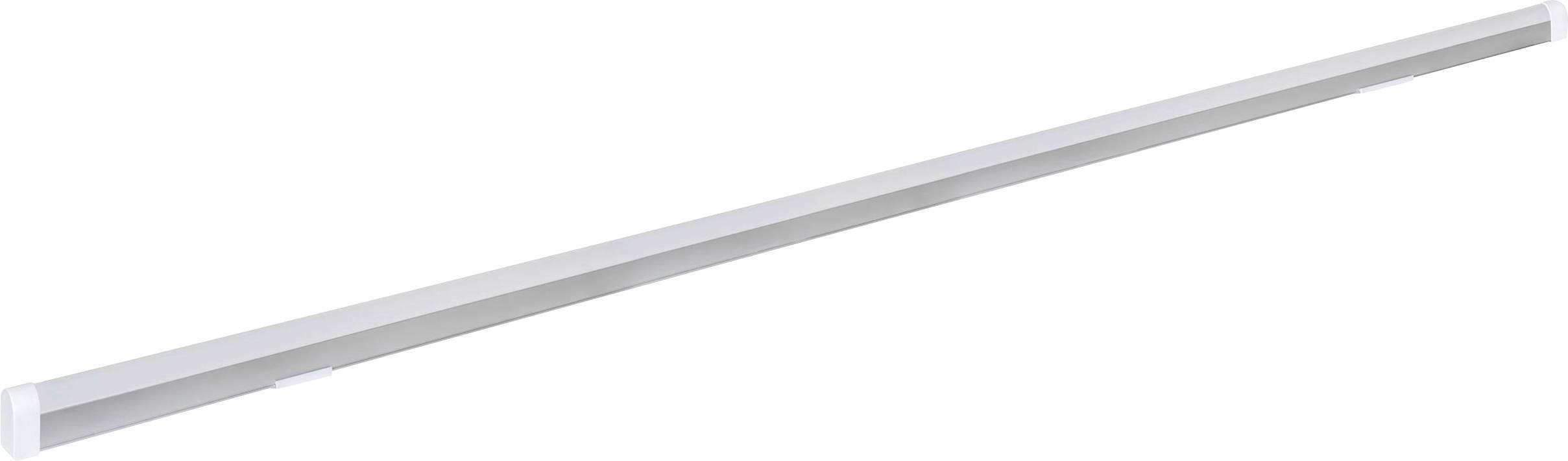 Un long bandeau lumineux LED avec un cadre blanc, adapté à une installation au plafond à l'intérieur pour une distribution lumineuse uniforme.
