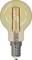 Ampoule à filament visible avec douille métallique, allumée et brillante dans une teinte jaune chaleureux.