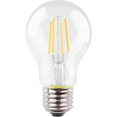 Ampoule à verre transparent avec filament visible, allumée. Elle émet une lumière chaleureuse et est placée sur un fond blanc.