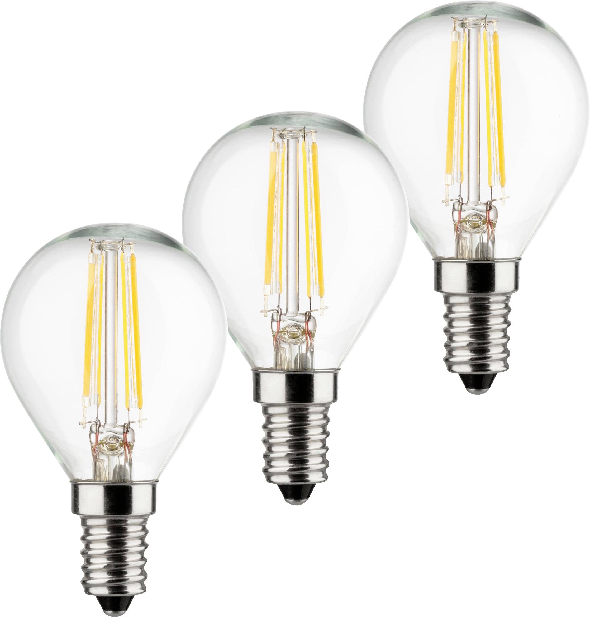 Trois ampoules LED à filament, culot E14, sur fond blanc. Économes en énergie et adaptées aux luminaires décoratifs.