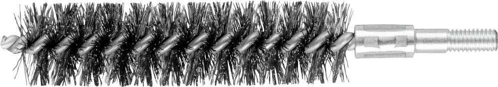 Brosse métallique avec noyau de fil en acier torsadé et embout fileté, adaptée au nettoyage des tubes et des cylindres.