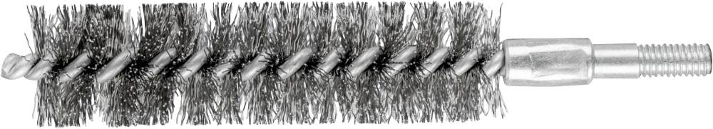 Brosse de nettoyage avec des poils disposés en spirale et un filetage sur la poignée, adaptée au nettoyage des tuyaux ou des espaces étroits.