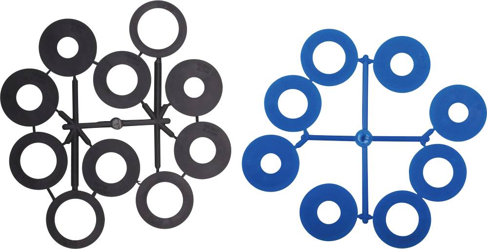 Deux cercles composés de disques en plastique, l'un noir et l'autre bleu, reliés en une structure annulaire. Ils servent à l'arrangement ou à l'espacement.