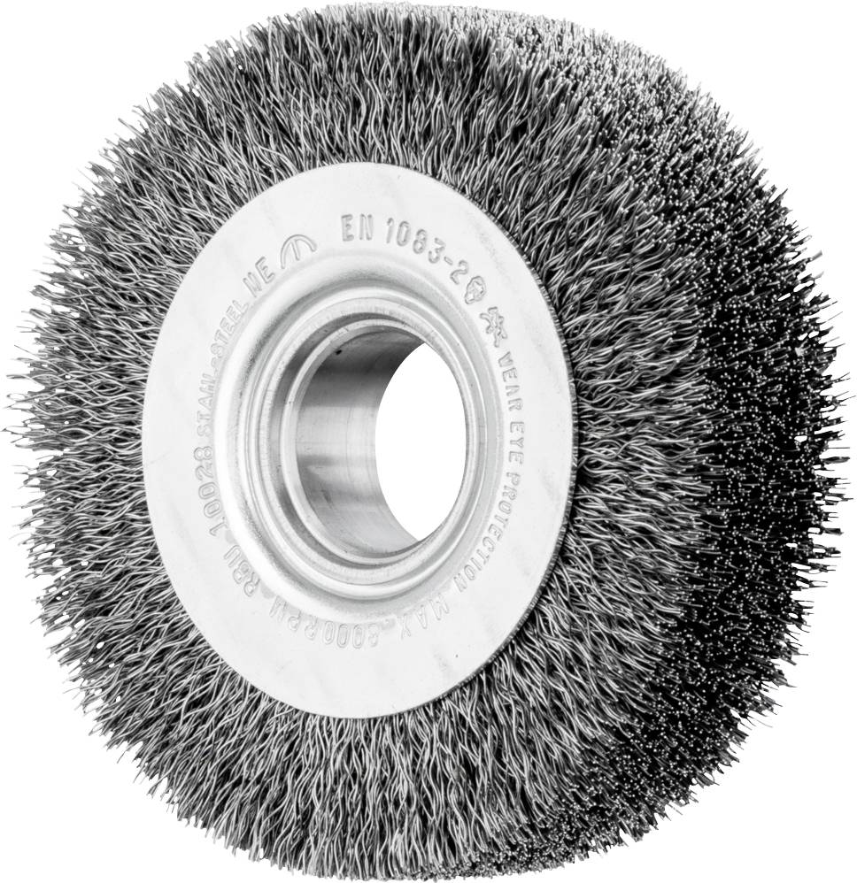 Brosse circulaire à poils métalliques avec une ouverture centrale. Adaptée aux travaux de meulage ou de nettoyage sur différentes surfaces.