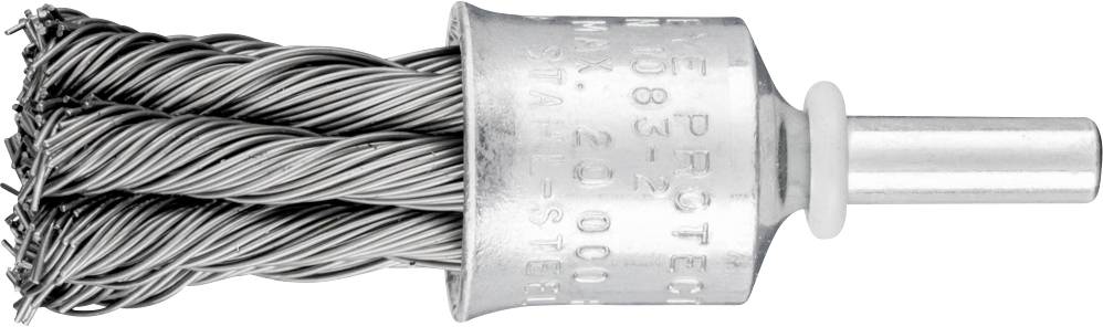 Embout de brosse métallique à poils torsadés, adapté pour nettoyer et ébavurer les surfaces métalliques. Couleur argent, forme cylindrique.