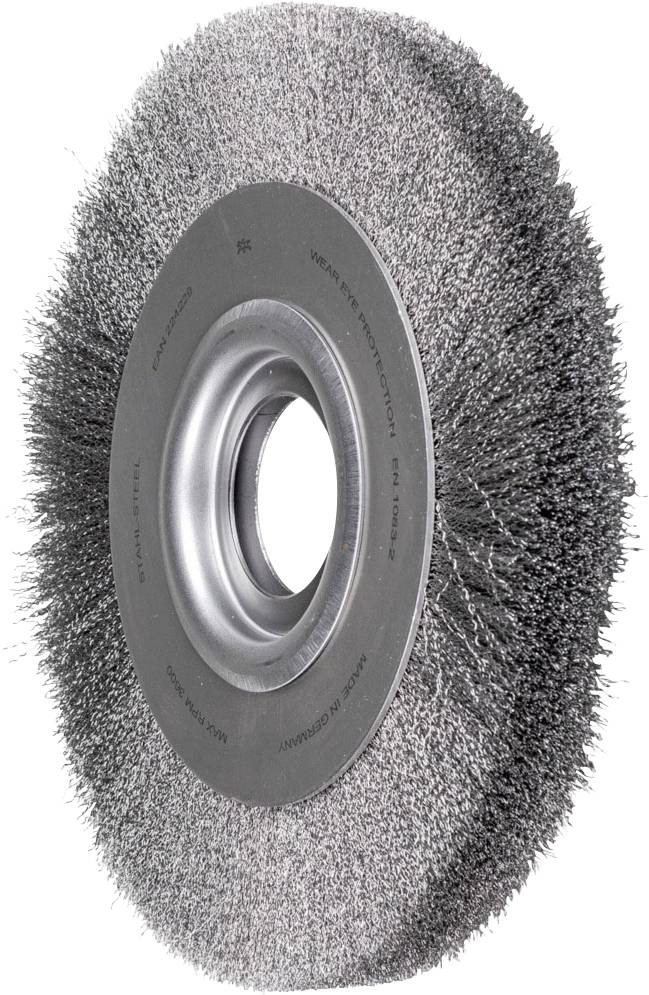 Disque à poncer avec des poils métalliques, photographié de côté ; adapté pour le nettoyage ou l'élimination de la rouille sur des surfaces métalliques.