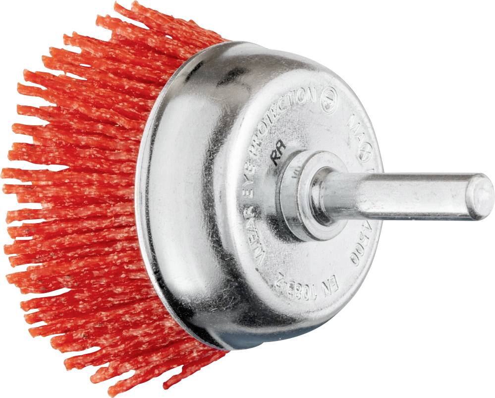 Embout de brosse circulaire en argent avec poils rouges. Adapté aux perceuses pour le nettoyage et le décapage de surfaces.
