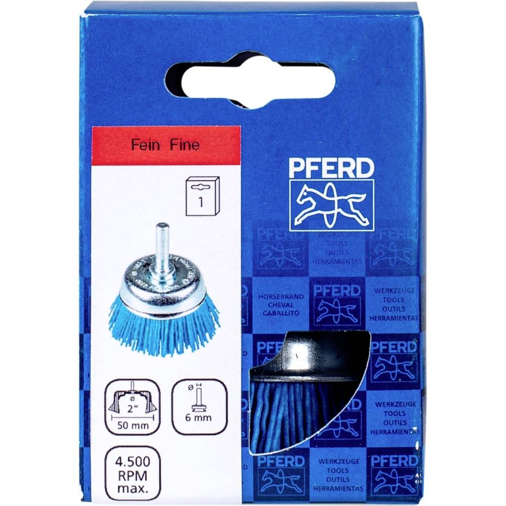 Emballage 'PFERD Werkzeug' avec brosse circulaire bleue, diamètre de 50 mm, vitesse maximale de 4 500 tr/min, pour finition fine.