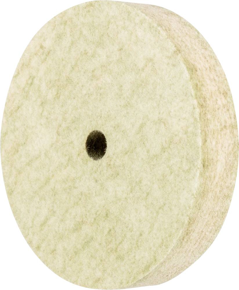 Une roue en feutre ronde et beige avec un petit trou au centre. Utilisée pour polir ou poncer des surfaces.