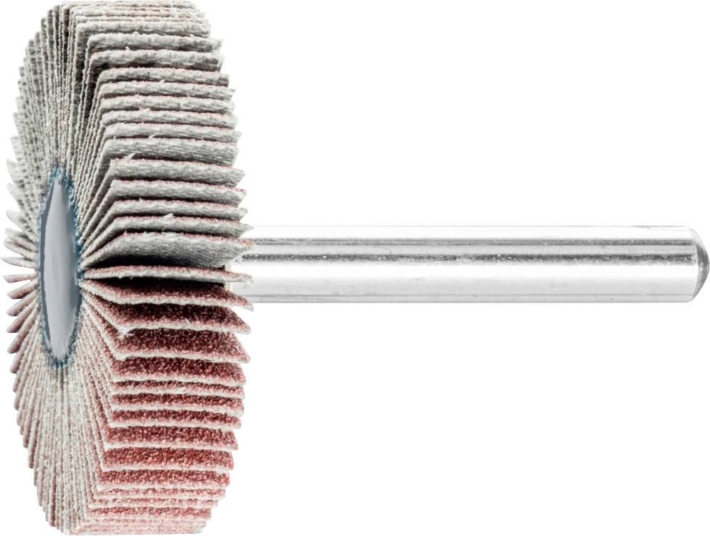Meuleuse avec des lamelles abrasives et un manche métallique, vue de côté. Utilisée pour l'usinage des métaux.