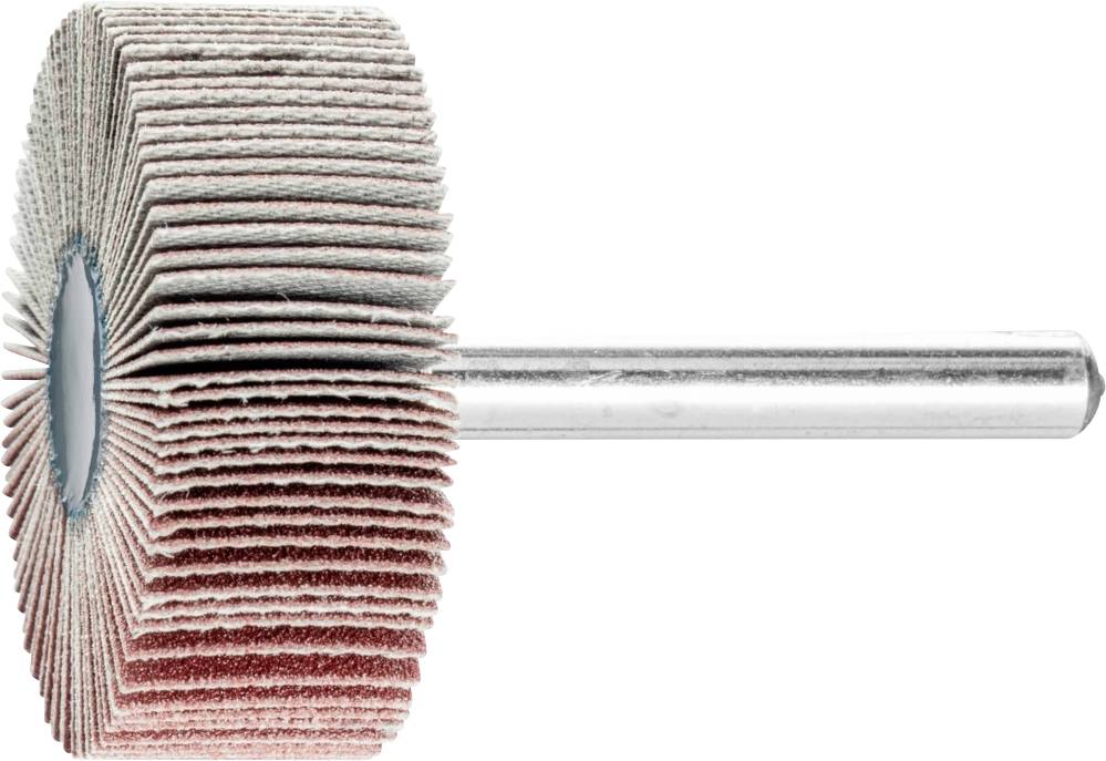 Une meule à lamelles radiales comportant de nombreuses lamelles et une tige métallique, utilisée pour le ponçage et le polissage de surfaces.