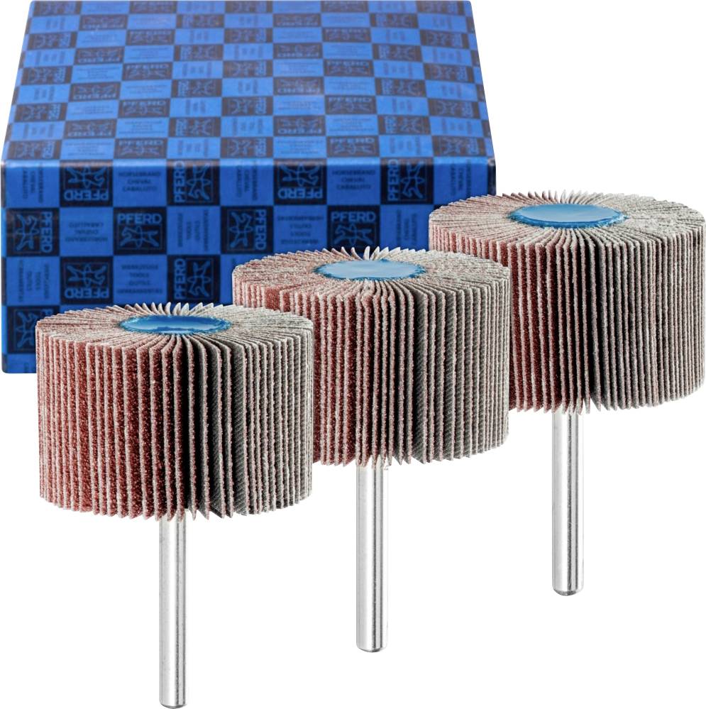 Trois roues de lamelles abrasives devant un emballage bleu à motifs. Les outils abrasifs ont des lamelles rouges et un noyau bleu.