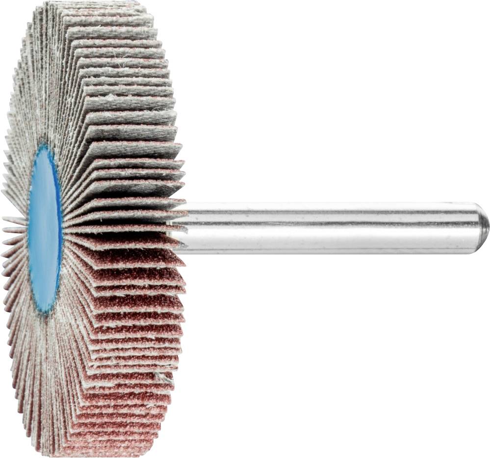 Un outil de meulage composé de plusieurs disques en forme de lamelles, monté sur une tige métallique, utilisé pour le polissage et le meulage de surfaces.