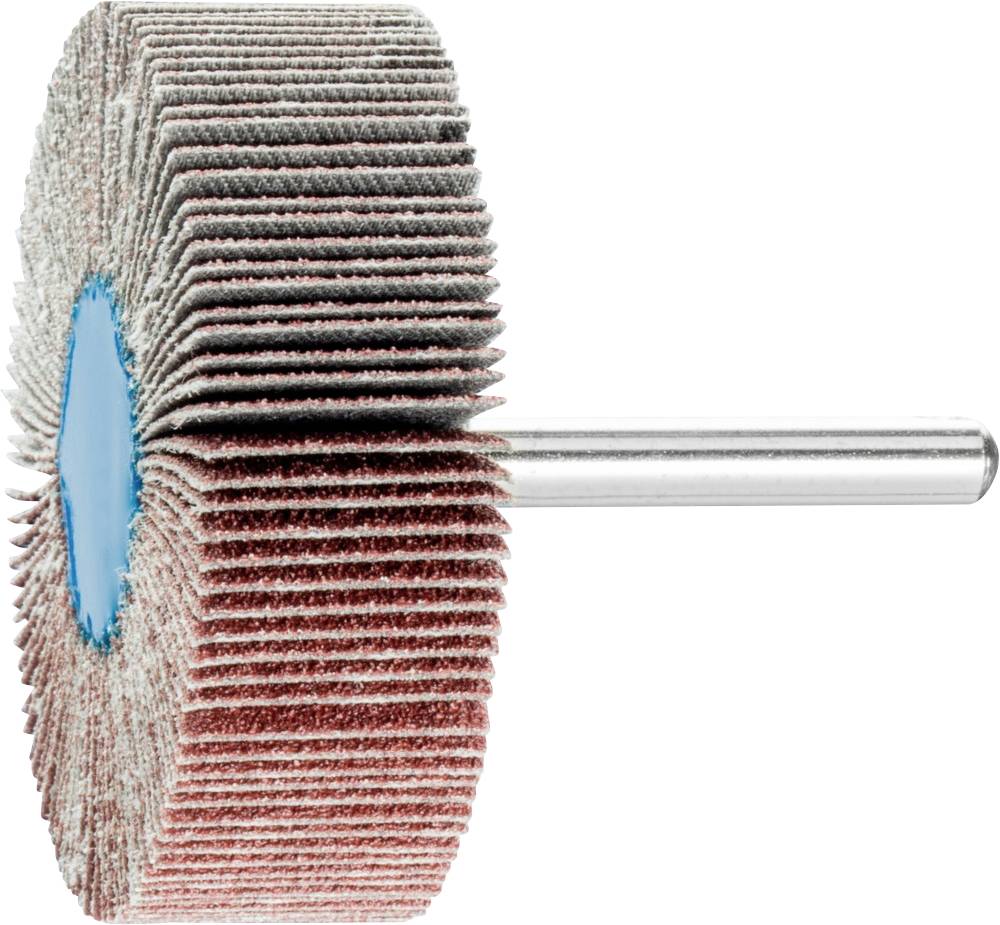 Accessoire de meulage avec des couches lamellaires et une poignée métallique latérale; utilisé pour le traitement de surface et le polissage.