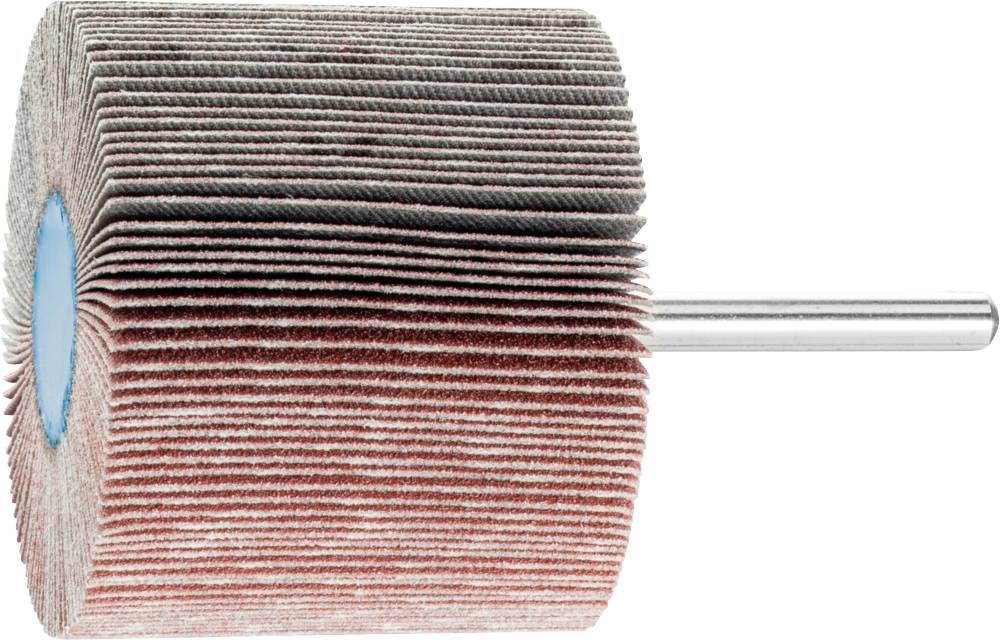 Un embout de ponçage à lamelles avec du papier de verre rouge et une tige métallique. Adapté pour polir et poncer différentes surfaces.
