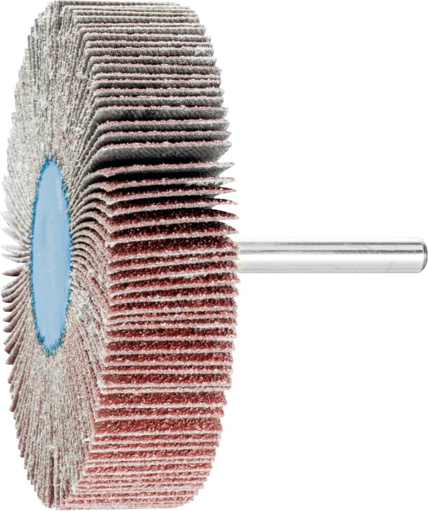 Une meule abrasive rouge-brune avec des détails bleus et une tige métallique, vue de côté, sur un fond neutre.