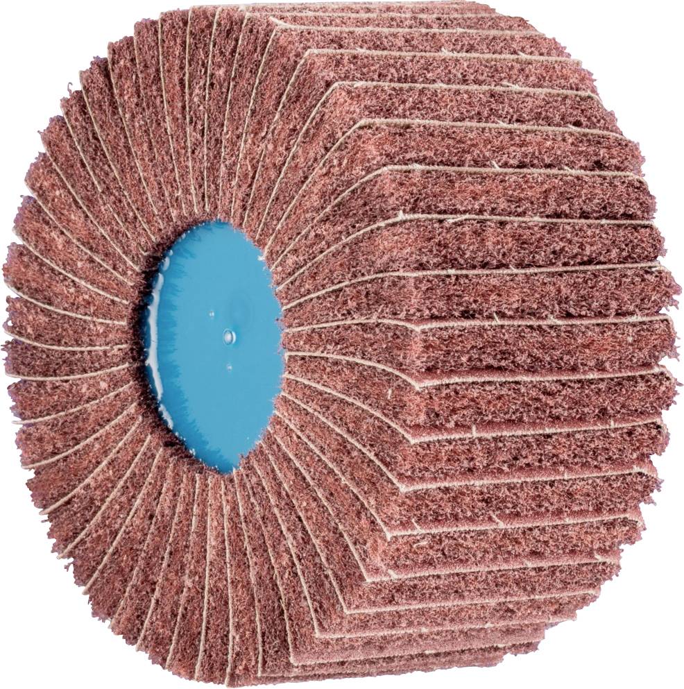 Un outil de meulage en forme de roue abrasive, composé d'un matériau laminé rouge et d'un disque bleu central, destiné à la finition de surface.