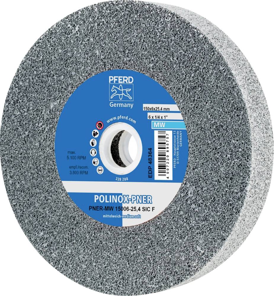 Disque abrasif de la marque PFERD, modèle POLINOX-PNER, 150x25,4 mm, adapté pour une vitesse de rotation jusqu'à 5100 tr/min, grain moyen.