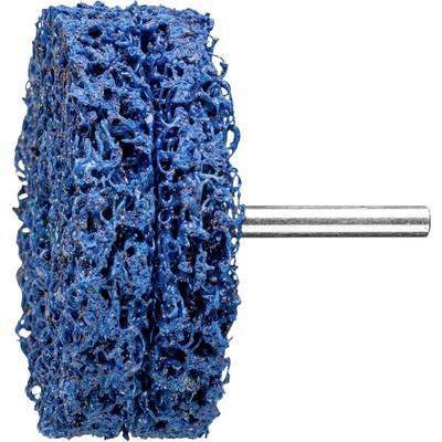Une meule bleue à grain grossier et structure ouverte, montée sur un axe métallique, adaptée pour le traitement de surface et l'élimination de la rouille.