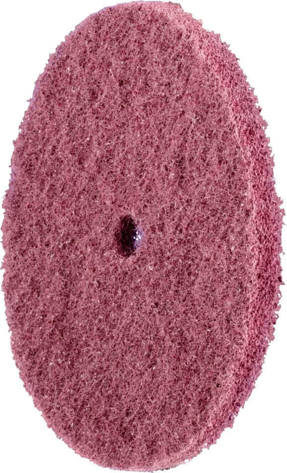 Un tampon de polissage rond rose avec une surface rugueuse, représenté de côté.