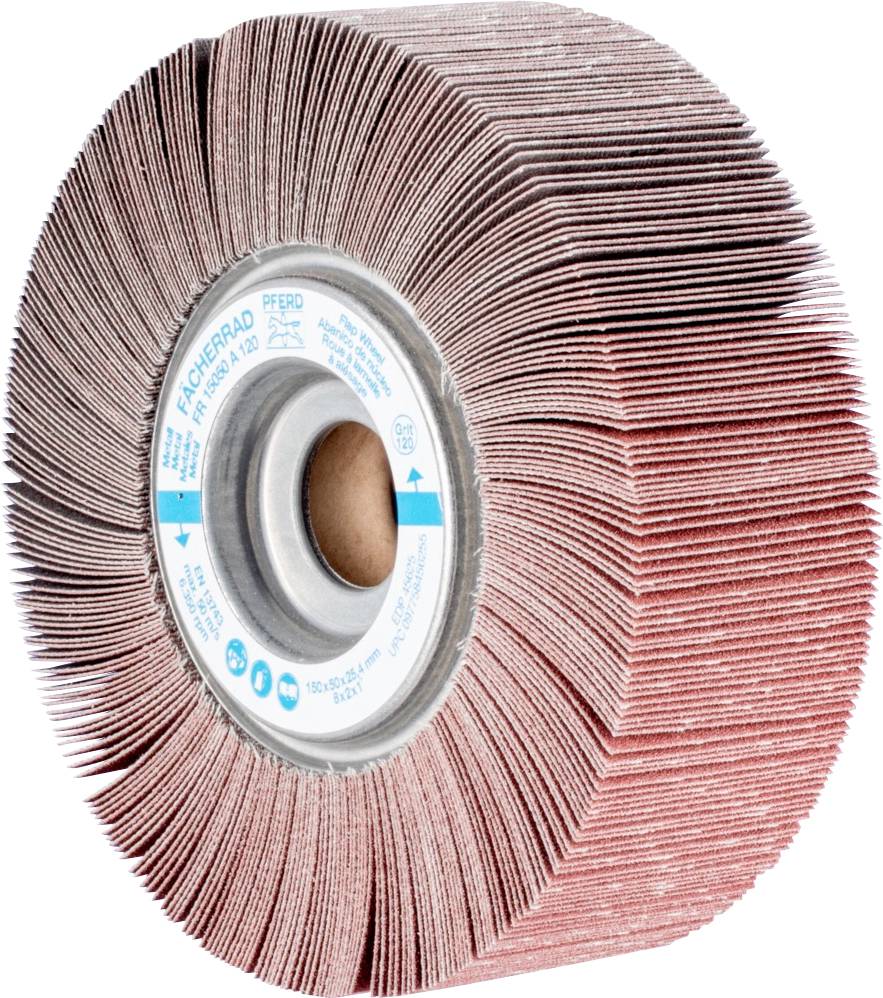 Un disque abrasif à configuration en roue, composé de lamelles en papier émeri, adapté pour le traitement de surface.