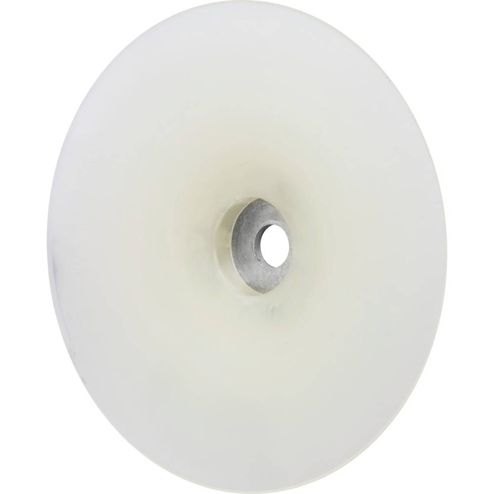 Une roue en plastique blanche, ronde, avec un trou central qui pourrait servir de palier ou de rouleau.
