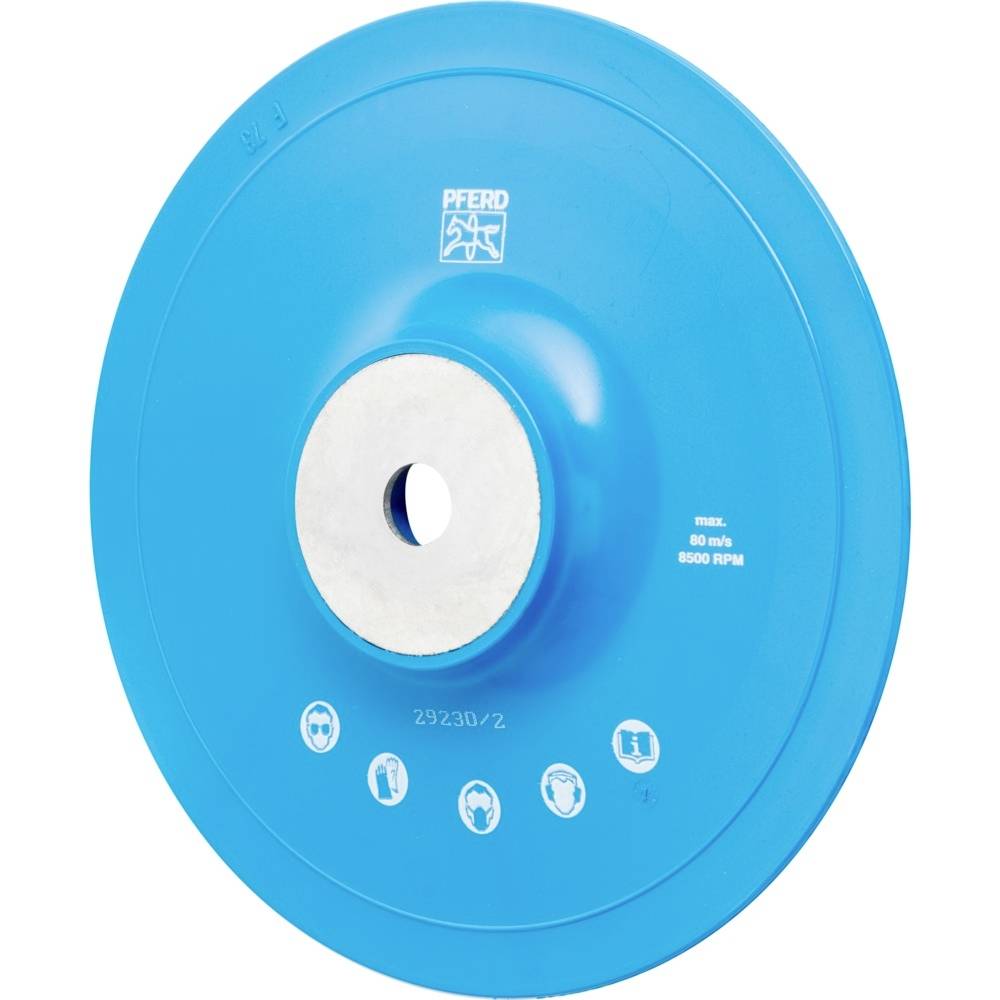 Un disque à meuler bleu avec un trou central, affichant des symboles de sécurité et d'utilisation. Inscription : 'PFERD', Max. 8500 tr/min, numéro de type.