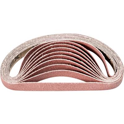 Une pile de bandes abrasives en demi-cercle est posée sur un fond blanc. Elles sont composées de matériau de papier de verre rouge et sont empilées les unes sur les autres.