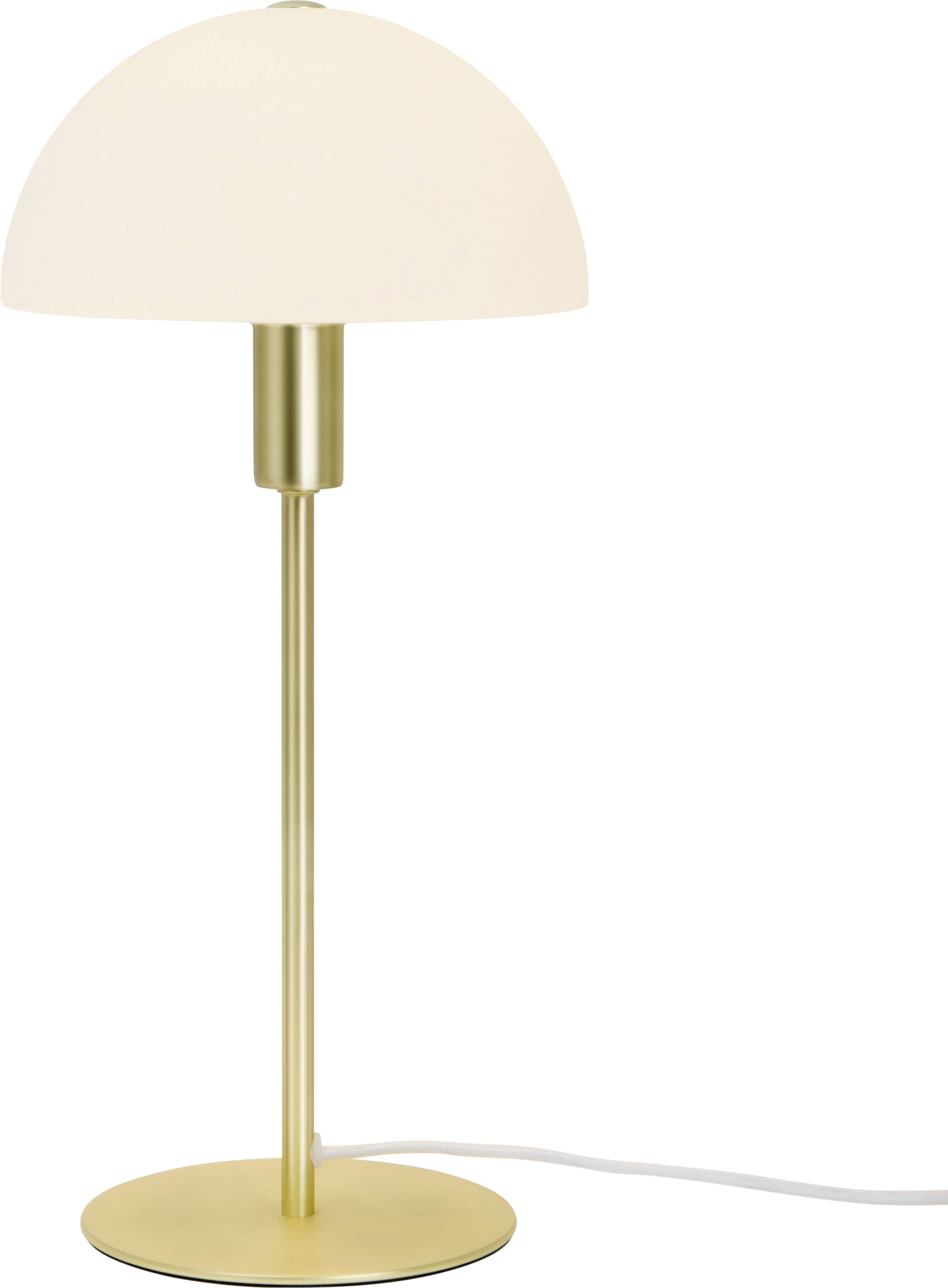 Une lampe de table moderne avec un pied doré et un abat-jour blanc en demi-sphère. Le câble de la lampe est blanc.
