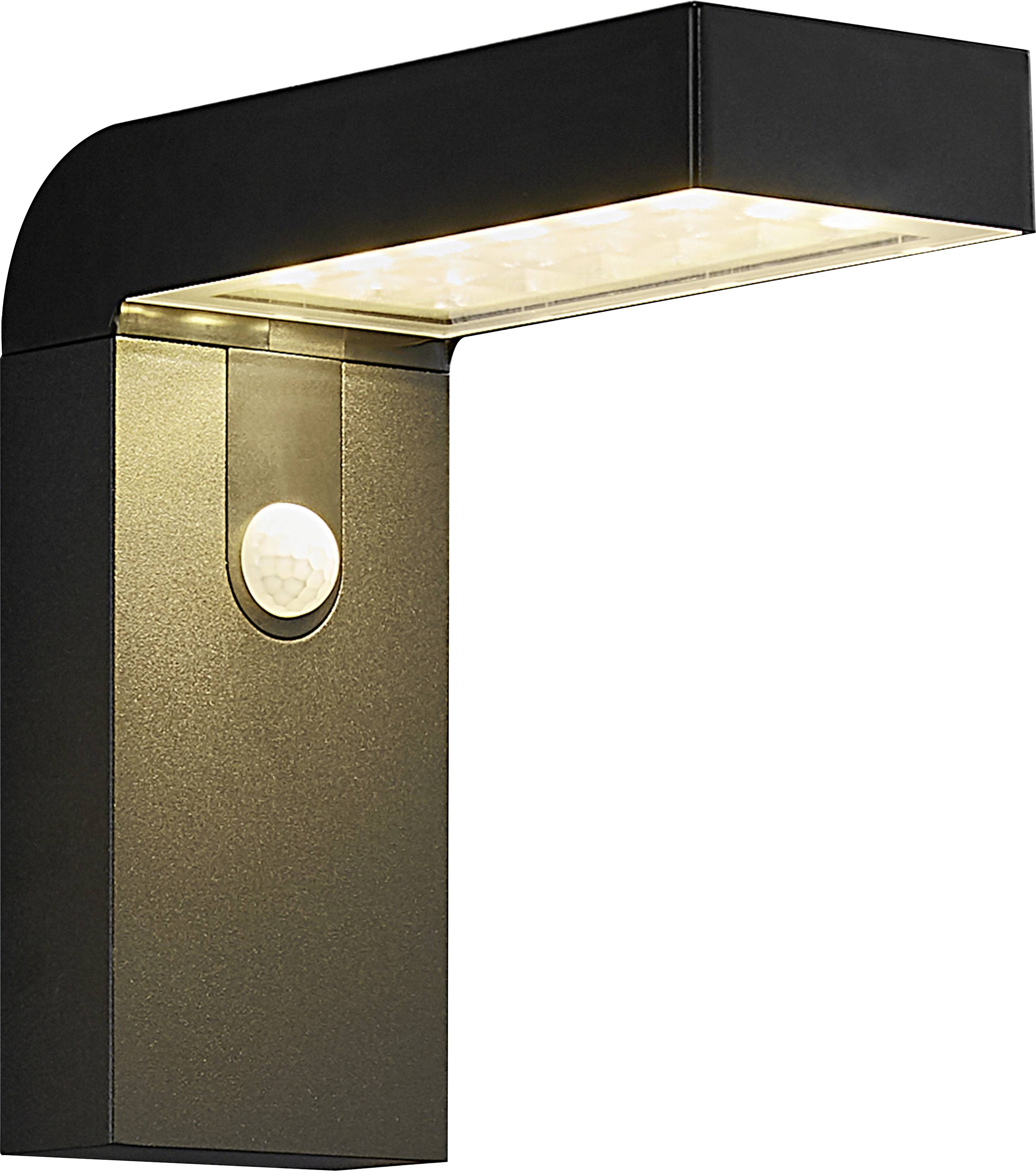 Un luminaire extérieur moderne noir avec détecteur de mouvement intégré, éclairant directement vers le bas. Idéal pour les entrées ou les chemins.