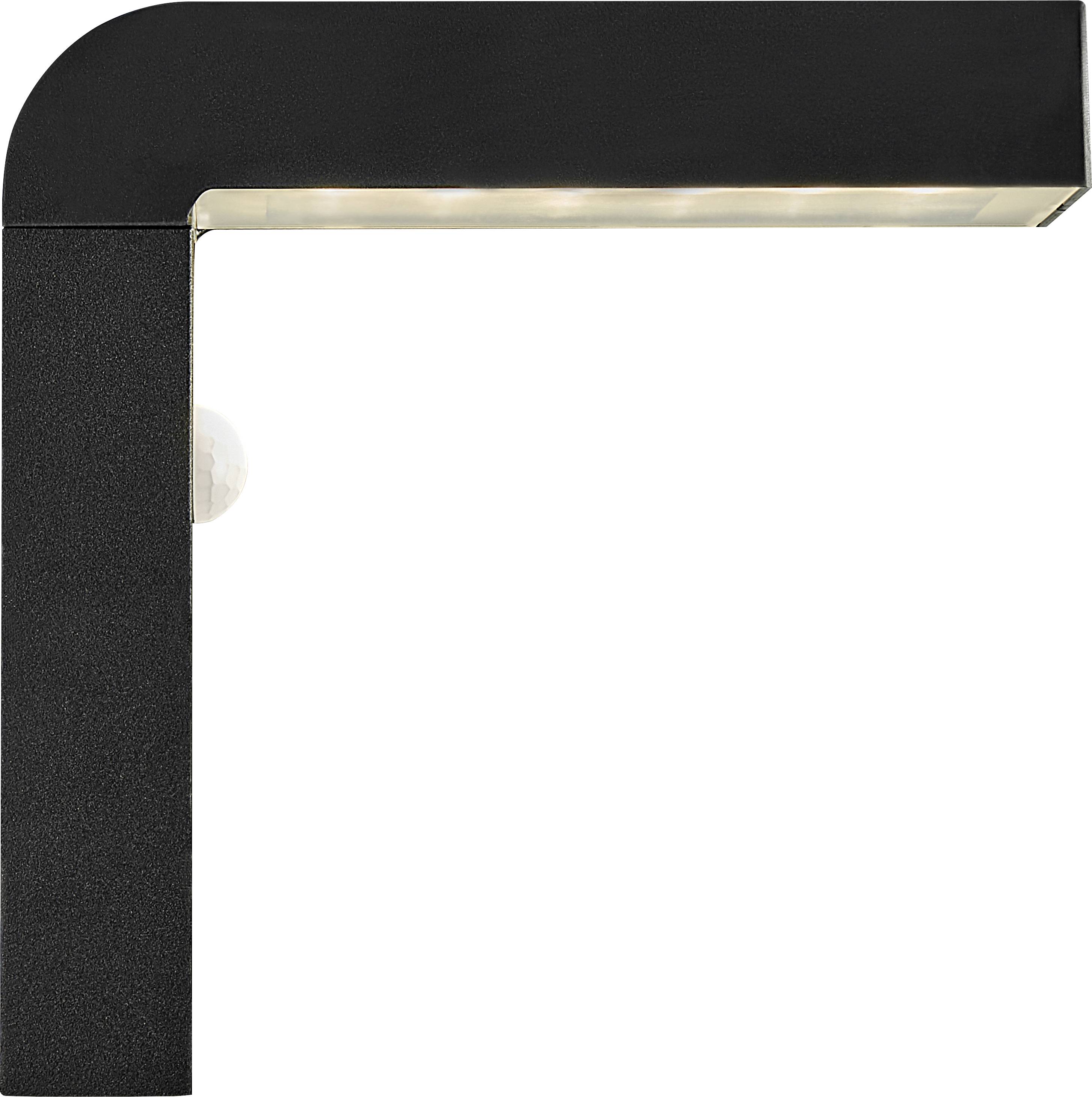 Applique extérieure moderne noire en forme de L avec capteur de lumière intégré sur le côté gauche.